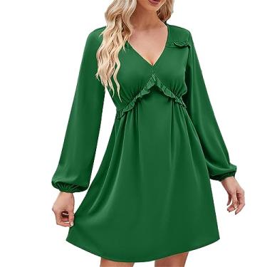 Imagem de UIFLQXX Vestido de coquetel feminino com decote em V, cintura alta, casual, dobrável, com gancho, floral, vestido de manga comprida, vestido de verão casual, Verde, P