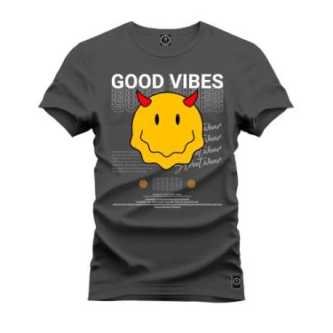 Imagem de Camiseta Casual Malha Confortável Estampada Good Vibes Grafite G