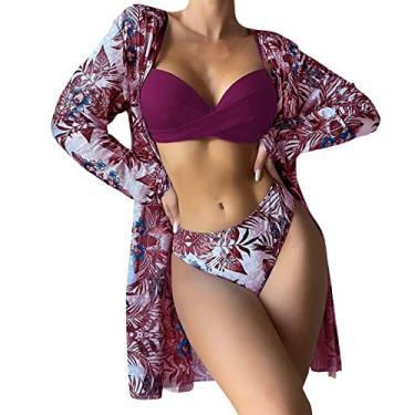Imagem de Biquínis femininos de cintura alta 2024 sexy conjunto de biquíni 3 peças saída de praia para mulheres com estampa floral frente única, R, M