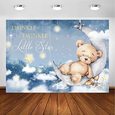 Imagem de Avezano Twinkle Twinkle Little Star Pano de fundo para chá de bebê, lua e estrelas, decoração de festa para chá de bebê para bebê, menina, menino, ursinho de pelúcia, fotografia, faixa de mesa de bolo (2,1 x 1,5 m)