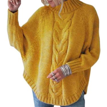 Imagem de Suéter feminino elegante de tricô com gola rolê, mangas morcego, bainha irregular, clássico, casual, tricotado, Amarelo, GG