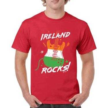 Imagem de Camiseta masculina Ireland Rocks Guitar Flag St Patrick's Day Shamrock Groove Vibe Pub Celtic Rock and Roll Clove, Vermelho, XXG