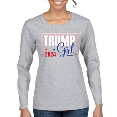 Imagem de Camiseta feminina manga longa Trump Girl 2024 45 President MAGA America First FJB Let's Go Brandon Republican Patriotic, Cinza, XXG