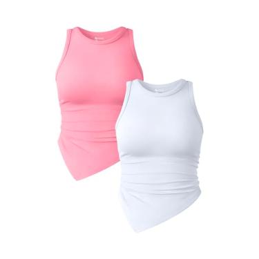 Imagem de OQQ Camiseta regata feminina de 2 peças, franzida, gola redonda, sem mangas, básica, elástica, Rosa doce, branco, P