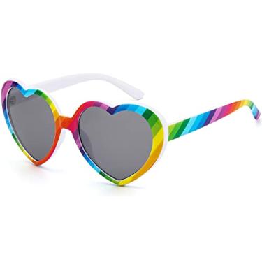 Imagem de IOHLNG Óculos de sol de coração para mulheres homens grandes óculos de sol modernos em forma de amor retrô adorável moda lindos óculos de sol, Armação arco-íris + lente cinza claro, Large
