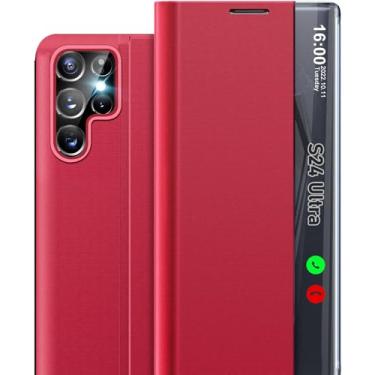 Imagem de Qissy Capa de telefone para Samsung S24 Ultra, Clear View S24 Ultra capa com suporte, capa protetora de couro rígido de policarbonato à prova de choque para Samsung Galaxy S24 Ultra 5G (vermelha)