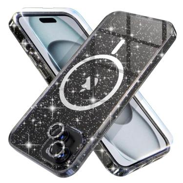 Imagem de Choiche Capa magnética compatível com iPhone 15 Plus, capa feminina brilhante com glitter transparente, 2 protetores de lente de câmera Diamond, 2 protetores de tela de vidro temperado, MagSafe compatível, preto brilhante