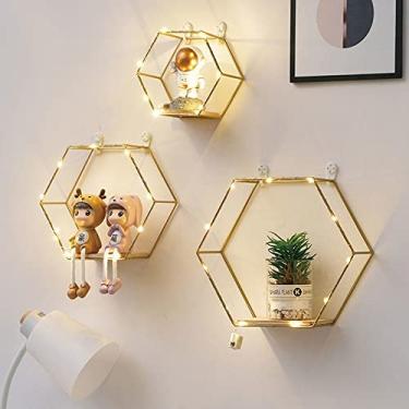 Imagem de Liywall - Prateleiras flutuantes hexagonais, decoração de parede, arame de metal dourado e madeira, decoração de casa, arte para quarto, sala de estar, cozinha, banheiro, conjunto de 3 com luzes LED