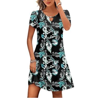 Imagem de HOTOUCH Vestido feminino casual evasê com bolsos verão praia floral vestido camiseta mini vestido de manga curta vestidos de verão soltos, Estampa de folha preta, P