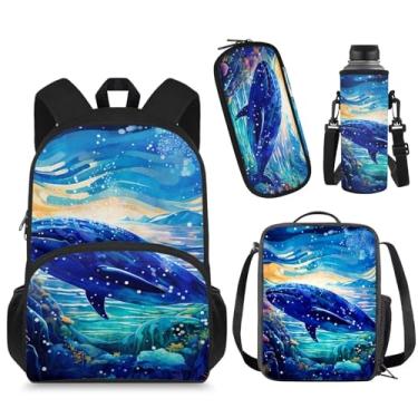 Imagem de Spowatriy Starry Sky Whale Conjunto de mochila escolar 4 em 1 com lancheira, estojo de lápis, mochila para pré-escola, jardim de infância, meninos, meninas, com capa para copo de água, mochila casual