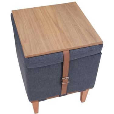Imagem de Puff Quadrado Funcional Baú Linho Chumbo Madeira Maciça Descanso pés mesa de centro