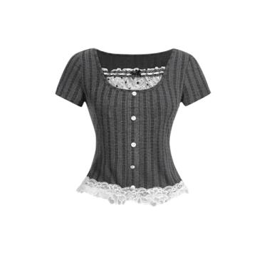 Imagem de RoseSeek Camiseta feminina de manga curta com laço de renda e botões frontais, gola redonda, caimento justo, camisetas de malha canelada, Cinza, M