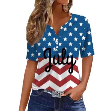 Imagem de Camisetas femininas 4th of July Star Stripes Graphic Blusas com gola V com botões e manga curta, túnica, presente de festival, folgada, Azul escuro, G