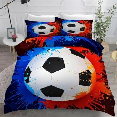 Imagem de Jogo de cama solteiro futebol americano vermelho e azul, conjunto de 3 peças para decoração de quarto, capa de edredom de microfibra macia 152 x 232 cm e 2 fronhas, com fecho de zíper e laços