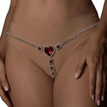 Imagem de Calcinha sexy de strass vermelha tanga de cristal pingente de coração corrente de barriga biquíni corrente corporal joia roupa íntima de strass corrente de fio dental para mulheres (prata 2), 1 Count