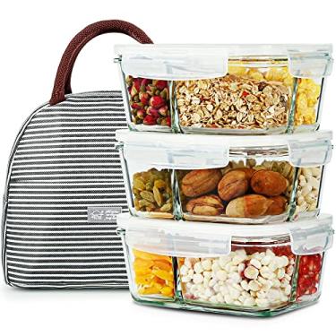 Imagem de DAS TRUST 3 Pack 36oz Bento Box Glass Meal Prep Containers 3 Compartments Glass Food Storage Containers with Lids Meal Prep Bowls Lunch Box Glass Food Prep Lunch Container Oven Microwave Safe