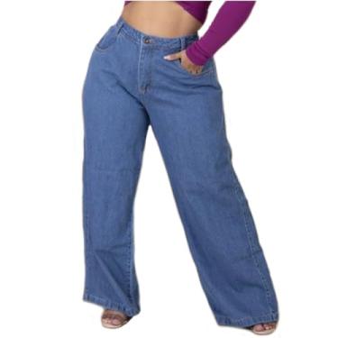 Imagem de Calça Feminina Jeans Escura Versão Lisa Pantalona Wide Leg Plus Size Soltinha (BR, Numérico, 50, Plus Size, Regular, Tamanho Plus, Azul escuro)