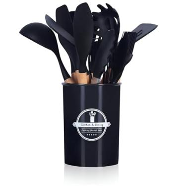 Imagem de Kit 12 Utensílios de Cozinha em Silicone Cabo Madeira Conjunto Jogo Completo Espátula Concha Colher Resistente Alta Temperatura Premium (PRETO)
