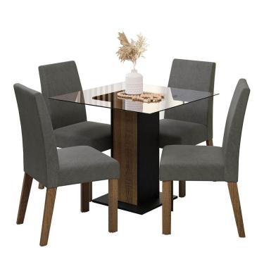Imagem de Conjunto Sala de Jantar Ivy 4 Lugares Mesa Tampo de Vidro com Cadeiras Estofadas Rustic Preto Silver 80x80