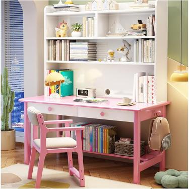 Imagem de Mesa de estudo simples de madeira maciça com estante integrada, ideal para uso em escritório doméstico ou quarto, rosa sem cadeira, 80x60x190cm