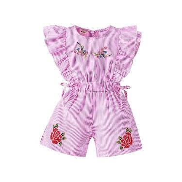 Imagem de Macacão infantil listrado com estampa de laço bordado rosa e gola redonda, A, 12-18 Months