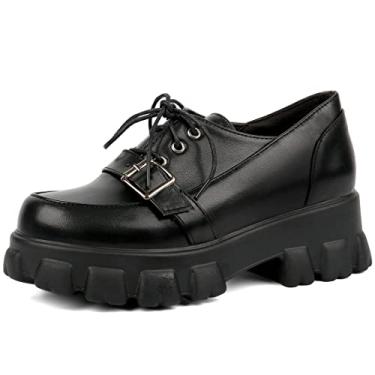 Imagem de KOKOMOMO Sapato feminino de couro envernizado Oxford com cadarço e fivela gótica, Preto (PU), 7