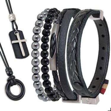 Imagem de GRANADO ACESSÓRIOS, Kit com 06 Pulseiras e Colares - Pulseira de Couro Preto Minimalistas SENSAÇÃO com Pedras Naturais Strap Plug - AM