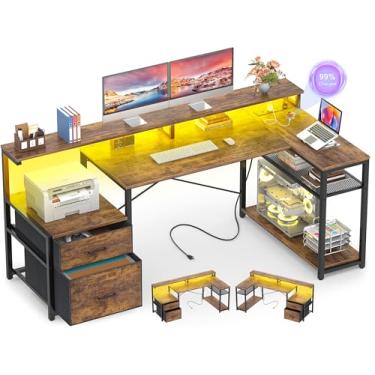 Imagem de Aheaplus Mesa em forma de L com gaveta de arquivo, mesa de computador reversível em forma de L, mesa de jogos com tomada elétrica e faixa de LED, mesa de canto de escritório doméstico com prateleira
