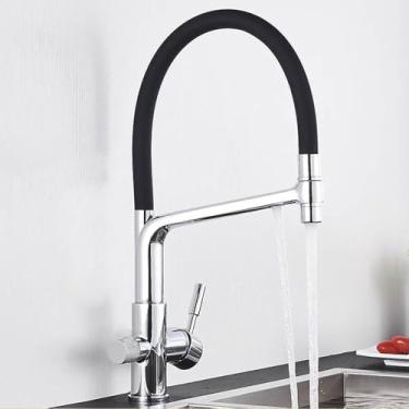 Imagem de Torneira de pia de cozinha dourada escovada, misturador de filtro de água pura, guindaste com alça dupla, puxador para baixo, purificação de água quente e fria, cromada