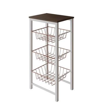 Imagem de Fruteira de Chão Cozinha Montada Aço Branco Tampo Amendoa Cesto Cobre 