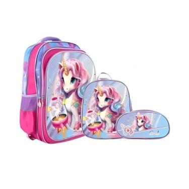 Imagem de Kit Mochila Costas 3D Lancheira Estojo Unicórnio Escolar - Austin