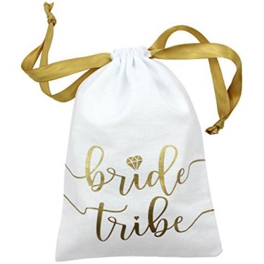 Imagem de 10 sacos de cordão de tribo de noiva com fita de cetim, 17,78 cm x 12,7 cm - Bolsa de algodão para damas de honra, despedida de solteira, chá de panela, lembrancinha de casamento, kit de sobrevivência, kit de ressaca, White & Gold, 10pc Pack