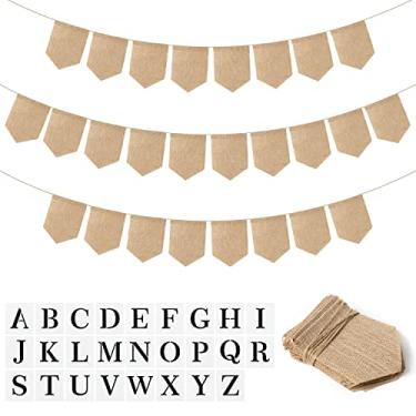 Imagem de WATINC 26 peças de faixa de serapilheira DIY com kit de estêncil de 26 letras, faixas de alfabeto faça você mesmo, bandeiras de serapilheira, guirlanda para decoração de festa, casamento, aniversário,