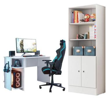 Imagem de Mesa para Computador 3875 e Armário Gamer 4095 Branco Brilho - Qmovi