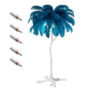 Imagem de Luminária de pé de luxo com pena de avestruz natural com 3 lâmpadas de LED E14 de temperatura de cor, poste dourado e luz de base para decoração