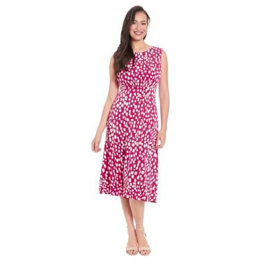 Imagem de London Times Vestido feminino sem mangas com cintura inserida midi e flare, Magenta/branco macio, 25 Plus Size
