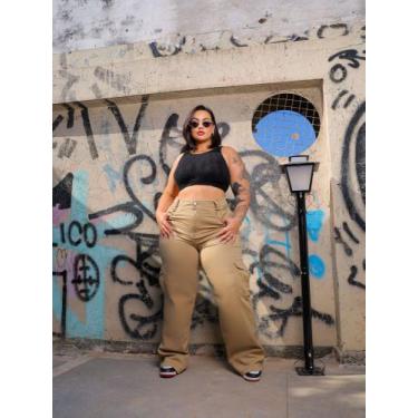 Imagem de Calça Jeans Cargo Bege Wide Leg Plus Size Ref: 0048 - EXPLOSÃO, 52