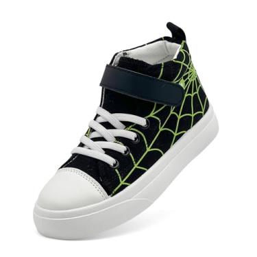 Imagem de Tênis infantil para meninos e meninas, cano alto, de lona, com gancho e laços, leve, desenho animado, casual, tênis de caminhada, Preto/Verde, 10 Little Kid