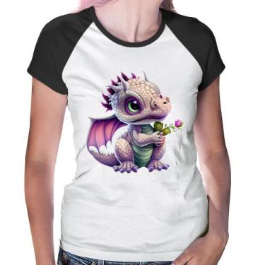 Imagem de Baby Look Raglan Dragão Bebê - Foca na Moda, Branco, Preto, G