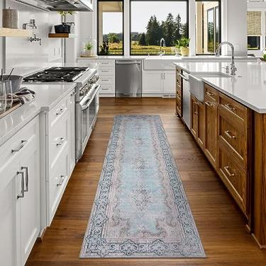 Imagem de DECOMALL Tapete de corredor lavável Maila, tapetes longos tradicionais persas, tapete dobrável vintage envelhecido para cozinha de corredor, 6,16 cm x 2,24 m, azul