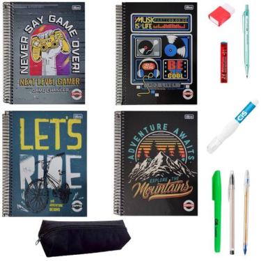 Imagem de Kit 4 Cadernos 80fls e Material Escolar Masculino Essencial - Mista 