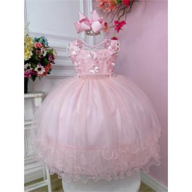 Imagem de Vestido Infantil Rosa C/ Aplique de Flores e Renda Luxo - Ninalice, 3