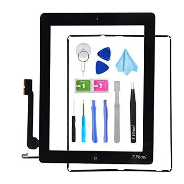 Imagem de T Phael Substituição de tela preta para iPad 4 A1458 A1459 A1460, conjunto de vidro frontal digitalizador de tela sensível ao toque para iPad4 - Inclui botão Home + suporte de câmera + adesivo