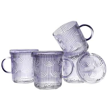 Imagem de Lysenn Conjunto de 4 canecas de café de vidro - Canecas de vidro de cristal premium com tampas - Copos de café com design exclusivo para chá com leite e chocolate de cacau - 283 g, ametista roxa