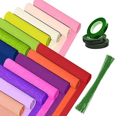 Imagem de Mlurcu Rolo de Papel Crepom 14 Rolos de Serpentinas de Papel Crepom de 10"x8 Pés, Arranjos Florais Artificiais, Kits para Fazer Flores, Fita Floral Verde e Arame para Decorações de,Multicolor 14 Rolos