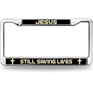 Imagem de Moldura de placa de licença Jesus Still Saving Lives Metal God is The Source Chrome License Plate Frame Bíblia Escritura para presente de aniversário com kit de presente de montagem