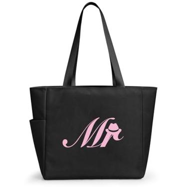 Imagem de KALIDI Sacola de praia personalizada, bolsa de compras com zíper inicial do alfabeto para mãe, professora, amiga, casamento, compras diárias, Preto-mr, Large