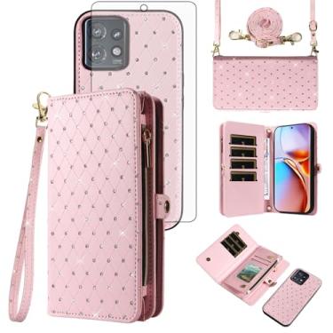 Imagem de Asuwish Capa de celular para Motorola Edge+ Plus 2023/Edge 40 Pro 5G/Moto X40 Carteira com zíper destacável com protetor de tela de vidro temperado, alça flip com glitter, compartimento para cartão X