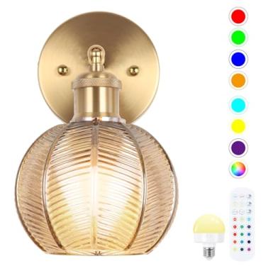 Imagem de EIDEARAY Arandela de parede operada por bateria, arandela de parede vintage com abajur de vidro tulipa âmbar recarregável, luz de parede com controle remoto, arandelas de parede sem fio, para quarto,