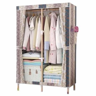 Imagem de Guarda-roupa Armário de guarda-roupa resistente dobrável grosso madeira maciça montado oxford pano único tecido dormitório aluguel pano guarda-roupa armário